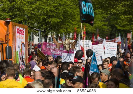 BERLIN - MAY 01 2016: Members of trade unions workers and employees at the demonstration on the occasion of Labour day.