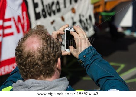 BERLIN - MAY 01 2016: Members of trade unions workers and employees at the demonstration on the occasion of Labour day.