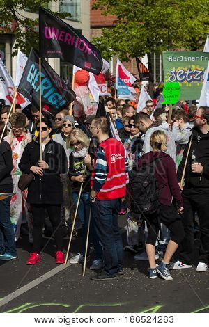 BERLIN - MAY 01 2016: Members of trade unions workers and employees at the demonstration on the occasion of Labour day.