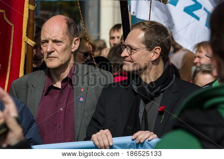 BERLIN - MAY 01 2016: Governing Mayor of Berlin Michael Mueller (center). Members of trade unions workers and employees at the demonstration on the occasion of Labour day.