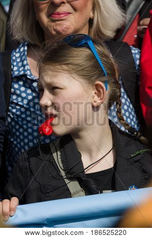BERLIN - MAY 01 2016: Members of trade unions workers and employees at the demonstration on the occasion of Labour day.