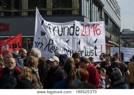 BERLIN - MAY 01 2016: Members of trade unions workers and employees at the demonstration on the occasion of Labour day.