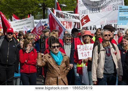 BERLIN - MAY 01 2016: Members of trade unions workers and employees at the demonstration on the occasion of Labour day.