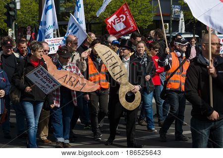 BERLIN - MAY 01 2016: Members of trade unions workers and employees at the demonstration on the occasion of Labour day.