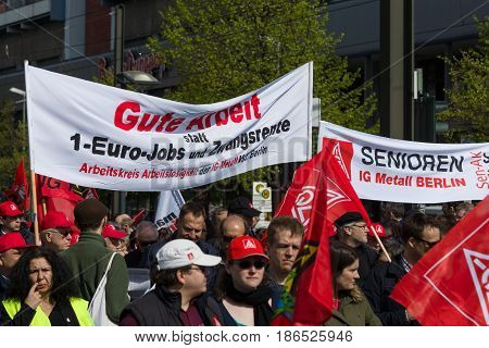 BERLIN - MAY 01 2016: Members of trade unions workers and employees at the demonstration on the occasion of Labour day.