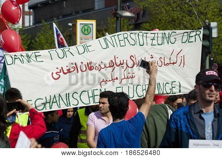 BERLIN - MAY 01 2016: Members of trade unions workers and employees at the demonstration on the occasion of Labour day.