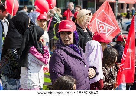 BERLIN - MAY 01 2016: Members of trade unions workers and employees at the demonstration on the occasion of Labour day.