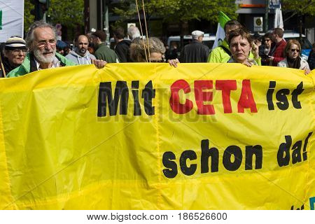 BERLIN - MAY 01 2016: Members of trade unions workers and employees at the demonstration on the occasion of Labour day.