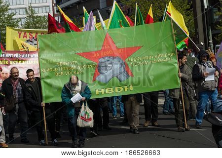 BERLIN - MAY 01 2016: Members of trade unions workers and employees at the demonstration on the occasion of Labour day.