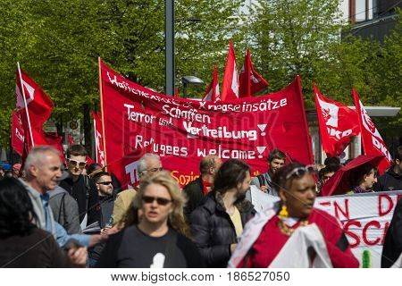 BERLIN - MAY 01 2016: Members of trade unions workers and employees at the demonstration on the occasion of Labour day.