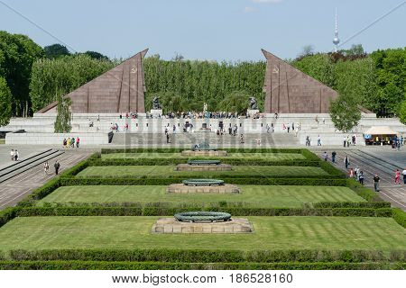BERLIN - MAY 08 2016: Victory in Europe Day. Soviet War Memorial and military cemetery in Berlin's Treptower Park.