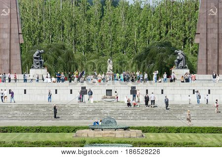 BERLIN - MAY 08 2016: Victory in Europe Day. Soviet War Memorial and military cemetery in Berlin's Treptower Park.