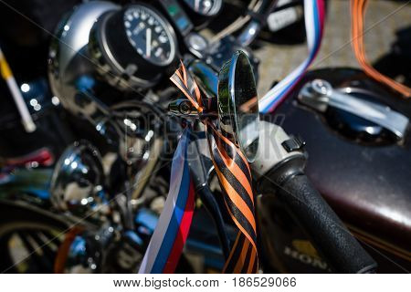 BERLIN - MAY 09 2016: Victory Day in Treptower Park. Motorcycles of Russian motorcycle club 