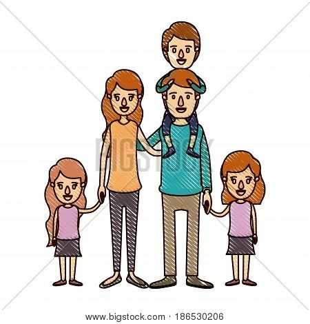 color crayon stripe cartoon big family parents with boy on his back and daugthers taken hands vector illustration