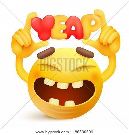 Yellow smiley emoticon cartoon character with yeap title. Vector illustration