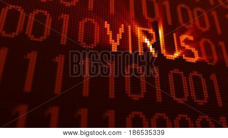 3d illustration with concept of computer virus. Closeup of virus sign on LCD Screen