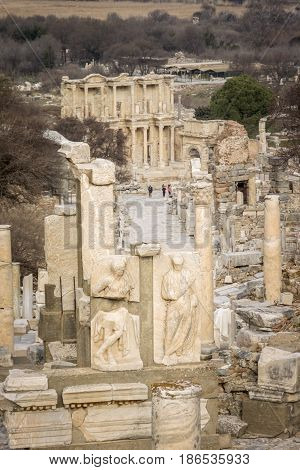 15TH FEBRUARY 2017, EPHESUS, TURKEY - View from above of the Celsus Library and Curetes Street in the ancient city of Ephesus in Selcuk Turkey