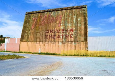 April 28, 2017 in Lompoc, CA:  Historic abandoned Valley Drive In Theatre which closed in 2002 and where locals now use this abandoned property as a haunted structure during Halloween taken in Lompoc, CA