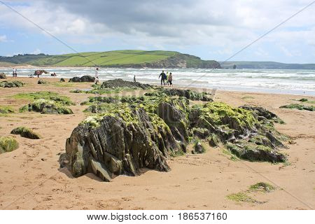rocks on Bigbury beach at low tide