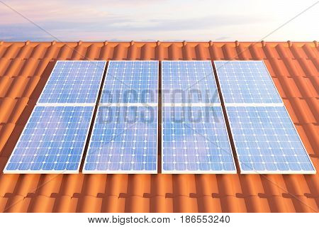 3D illustration solar panels on a red roff, power generation technology. Alternative energy. Solar battery panel modules with scenic sunset with blue sky with sun light