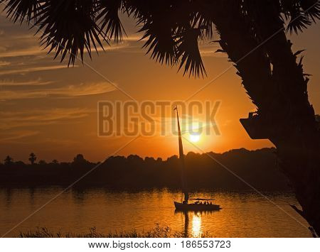 Traditional Felluca Sailing Boat Silhouette At Sunset