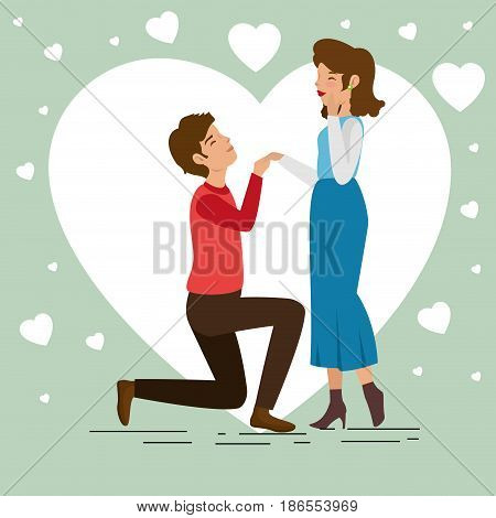 Man on his knees holding his girlfriend's hand and heart over green background. Vector illustration.