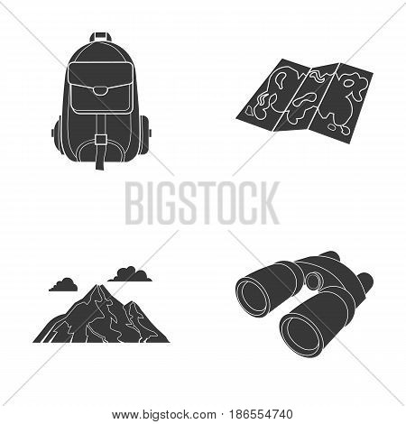 Backpack, mountains, map of the area, binoculars. Camping set collection icons in black style vector symbol stock illustration .