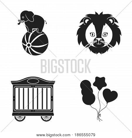 Elephant on the ball, circus trailer, circus lion, balls.Circus set collection icons in black style vector symbol stock illustration .