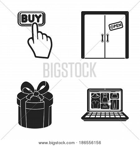 Hand, click, elevator, gift, box, door, online store and other equipment. E commerce set collection icons in black style vector symbol stock illustration .