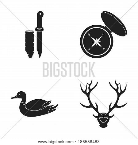 Knife with a cover, a duck, a deer horn, a compass with a lid..Hunting set collection icons in black style vector symbol stock illustration .