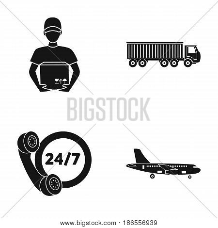 Round-the-clock communication, courier with box, truck, cargo plane. Logistic, set collection icons in black style vector symbol stock illustration .