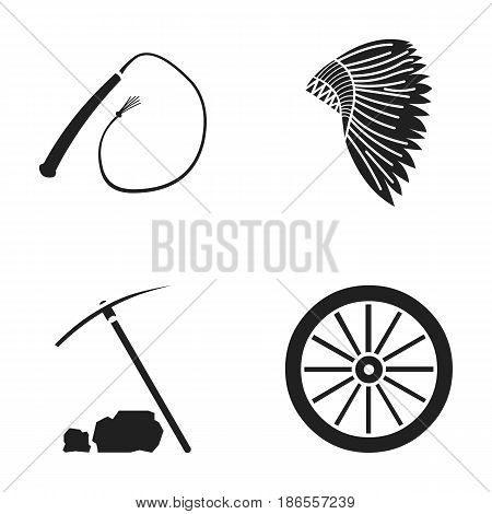 A whip, an Indian maghawk, a wheel from a cart, a pick and a hoe.Wild west set collection icons in black style vector symbol stock illustration .