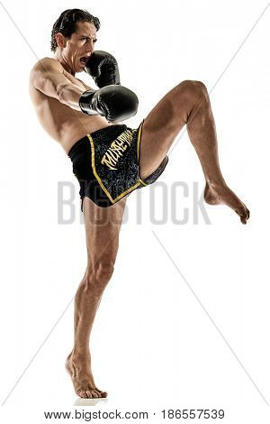 one caucasian Muay Thai kickboxing kickboxer thai boxing man isolated on white background