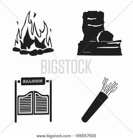 A bonfire, a door to a saloon, a quiver with arrows, a rock.Wild west set collection icons in black style vector symbol stock illustration .