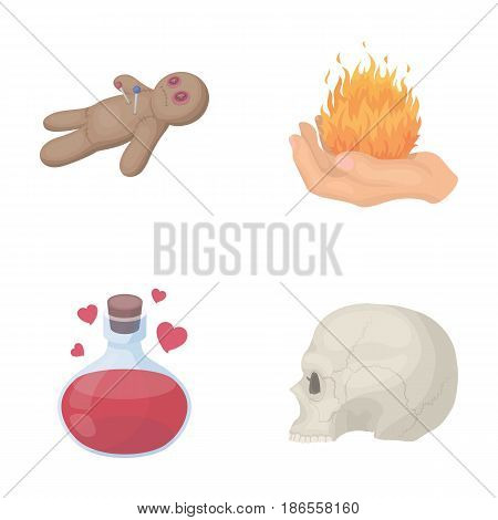 A voodoo doll, a magical fire, a love potion, a skull.Black and white magic set collection icons in cartoon style vector symbol stock illustration .