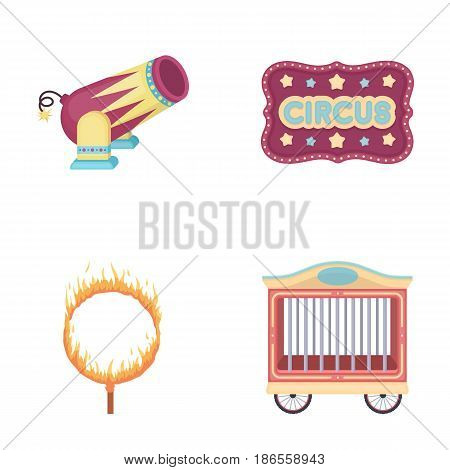 Circus trailer, circus gun, burning hoop, signboard.Circus set collection icons in cartoon style vector symbol stock illustration .