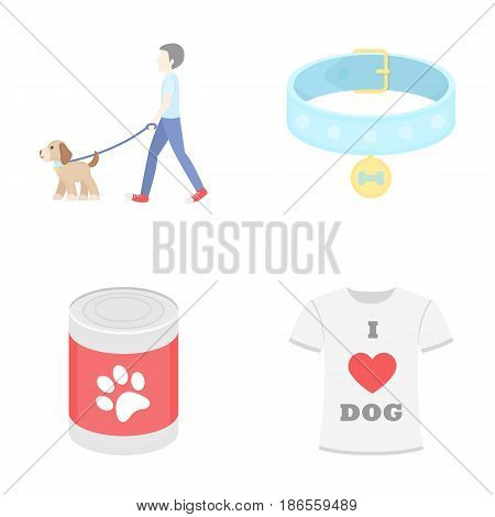 A man walks with a dog, a collar with a medal, food, a T-shirt I love dog.Dog set collection icons in cartoon style vector symbol stock illustration .