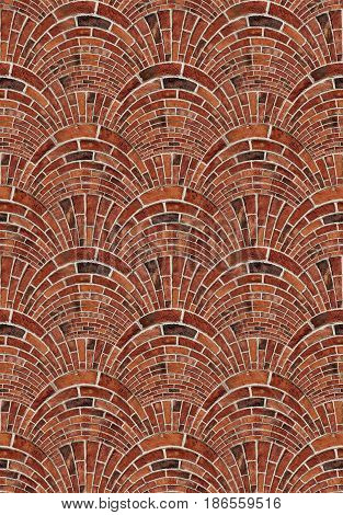 Seamless texture red brown bricks wall background abstract pattern texture. Arch arc mosaic bricks wall terracotta colors. Red bricks wall street mosaic. Bricks gray white concrete. Brick arch shape