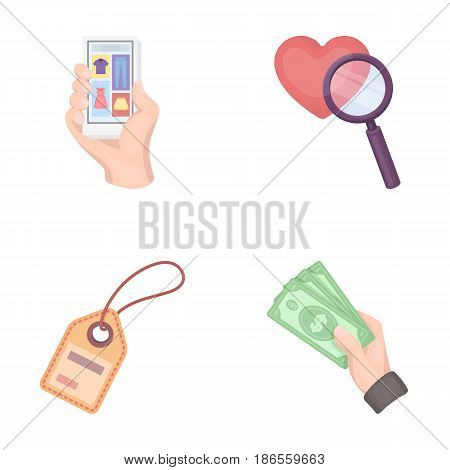 Hand, mobile phone, online store and other equipment. E commerce set collection icons in cartoon style vector symbol stock illustration .