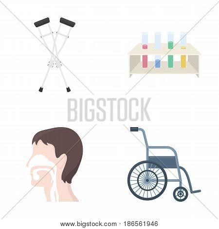 Crutch, tripod with test tubes, wheelchair, human respiratory system. Medicine set collection icons in cartoon style vector symbol stock illustration .