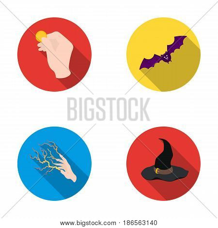 Focus with a coin, a bat, a mage's hat, a lightning-fast spell.Black and white magic set collection icons in flat style vector symbol stock illustration .