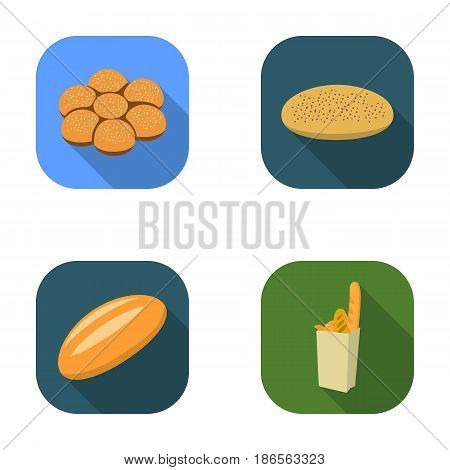A package with bread, a pizza batch, a loaf, a bun.Bread set collection icons in flat style vector symbol stock illustration .
