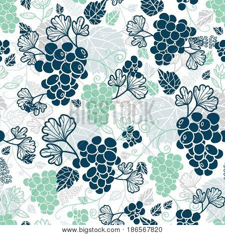 Vector Blue and Mint Green Grapevines Fruit Repeat Seamless Pattern Background. Can Be Used For Winde Tasting stationery, Wine bottles, Fabric, Wallpaper, Invitations, Packaging. Surface pattern design.