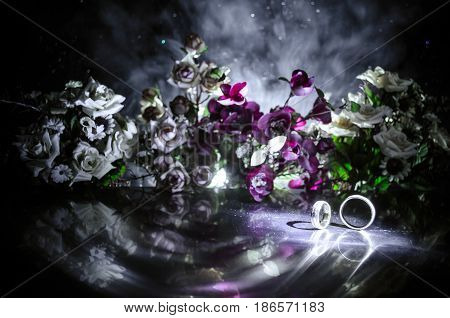 Wedding Card, Wedding Rings. Wedding Bouquet, Background. Flowering Branch With White Delicate Flowe