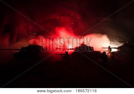 War Concept. Military Silhouettes Fighting Scene On War Fog Sky Background, World War Soldiers Silho