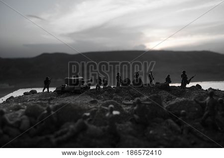 War Concept. Military Silhouettes Fighting Scene On War Fog Sky Background, World War Soldiers Silho