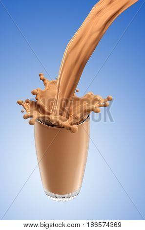Splash of chocolate milk from the glass .Blue background. 3d rendering