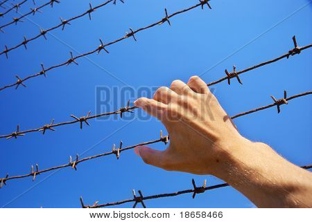 감옥과 하늘 배경의 손입니다.