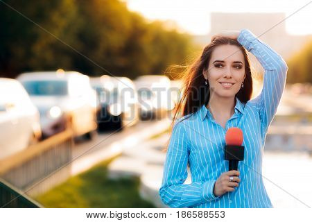 Female News Reporter on Field in Traffic