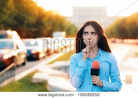 Surprised Female Reporter on Field in Traffic